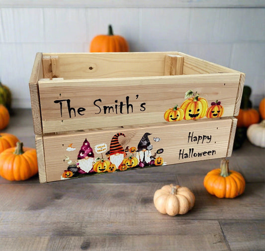 Wooden personalised Halloween gnome crate - Laser LLama Designs Ltd