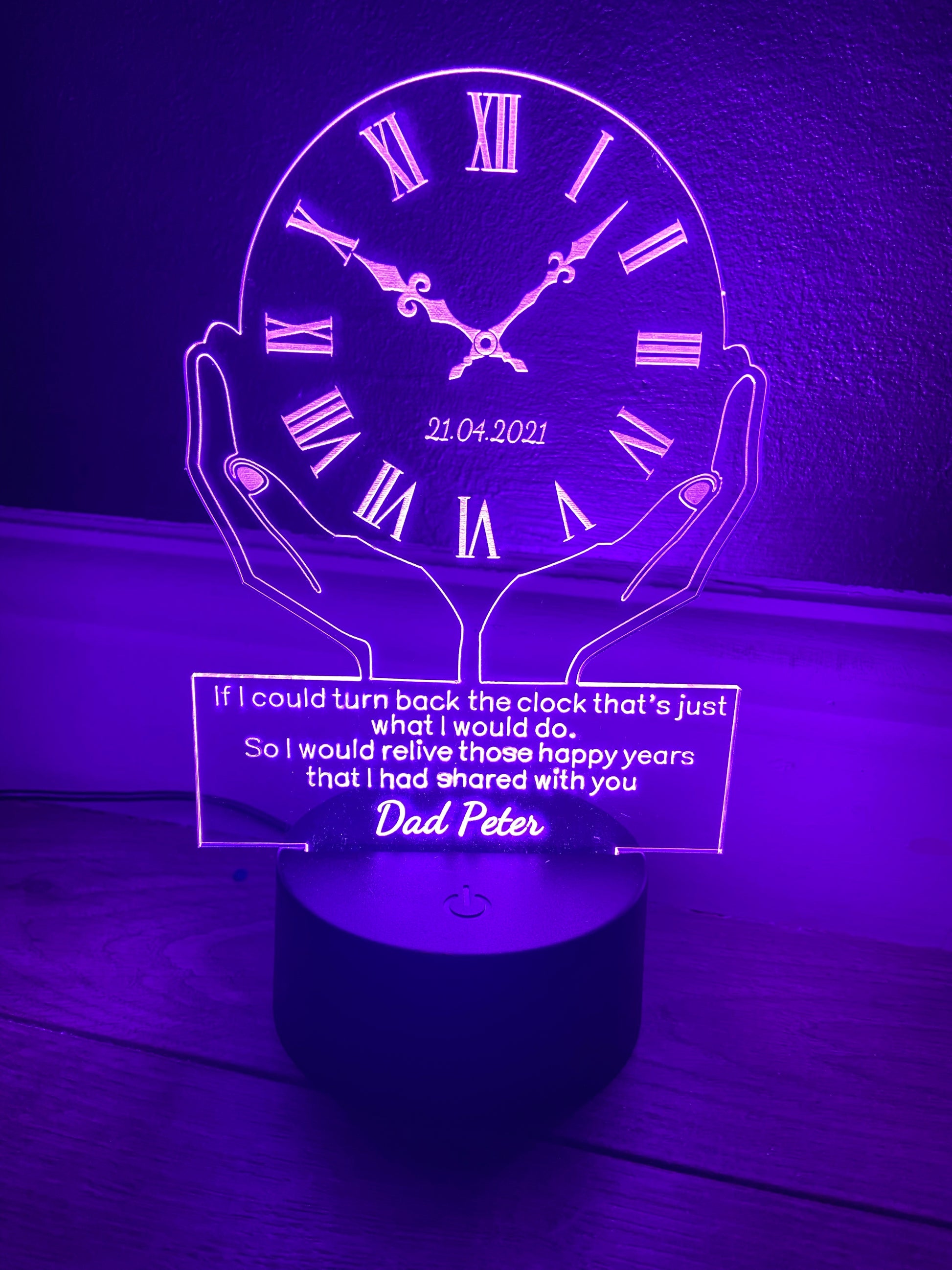 Led light memorial , clock display. 9 colours and remote control! - Laser LLama Designs Ltd