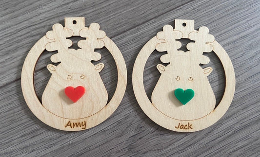 Wooden personalised red/green nose reindeer bauble - Laser LLama Designs Ltd