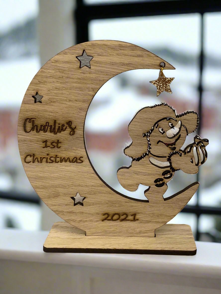 Wooden personalised 1st Christmas moon with snowman - Laser LLama Designs Ltd