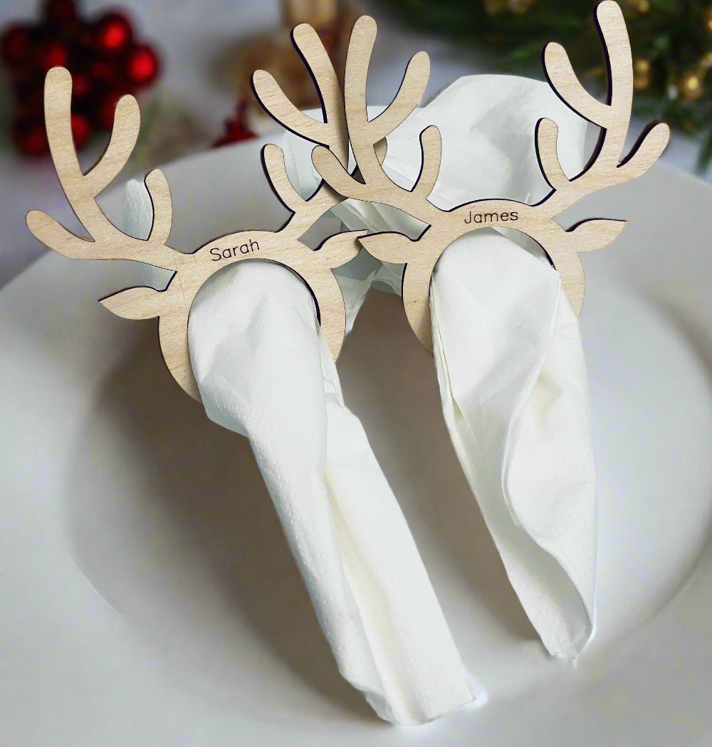 Wooden personalised Christmas antler napkin ring - Laser LLama Designs Ltd