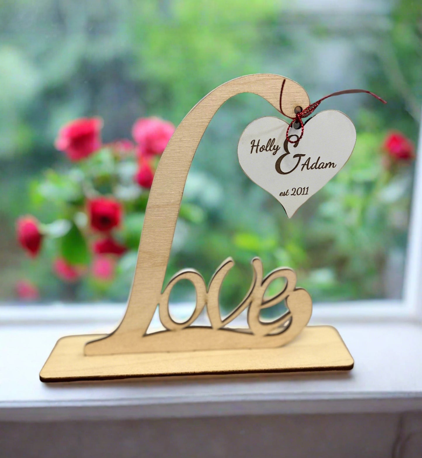 Freestanding wooden love sign with hanging heart - Laser LLama Designs Ltd