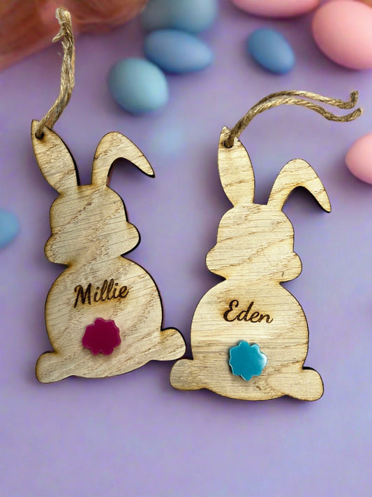 Oak veneer personalised bunny with acrylic tail - Laser LLama Designs Ltd