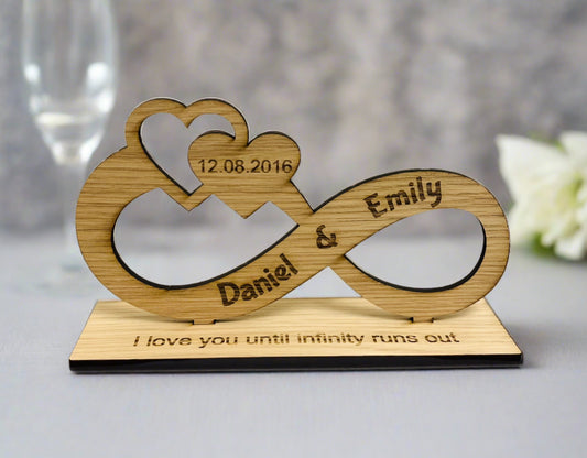 Oak veneer personalised infinity sign - Laser LLama Designs Ltd