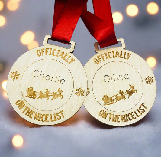 Wooden personalised officially nice list medal - Laser LLama Designs Ltd