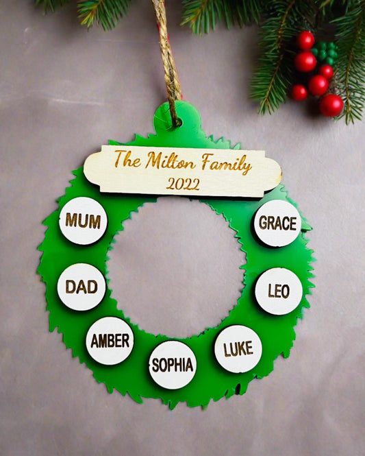 Acrylic personalised wreath bauble tree decoration - Laser LLama Designs Ltd