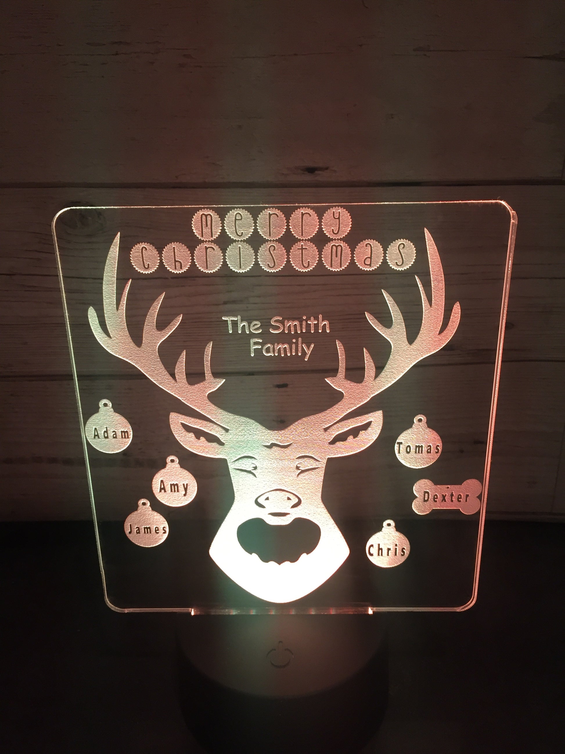 Reindeer personalised with up to 8 names LED light up display- 9 colour options with remote - Laser LLama Designs Ltd