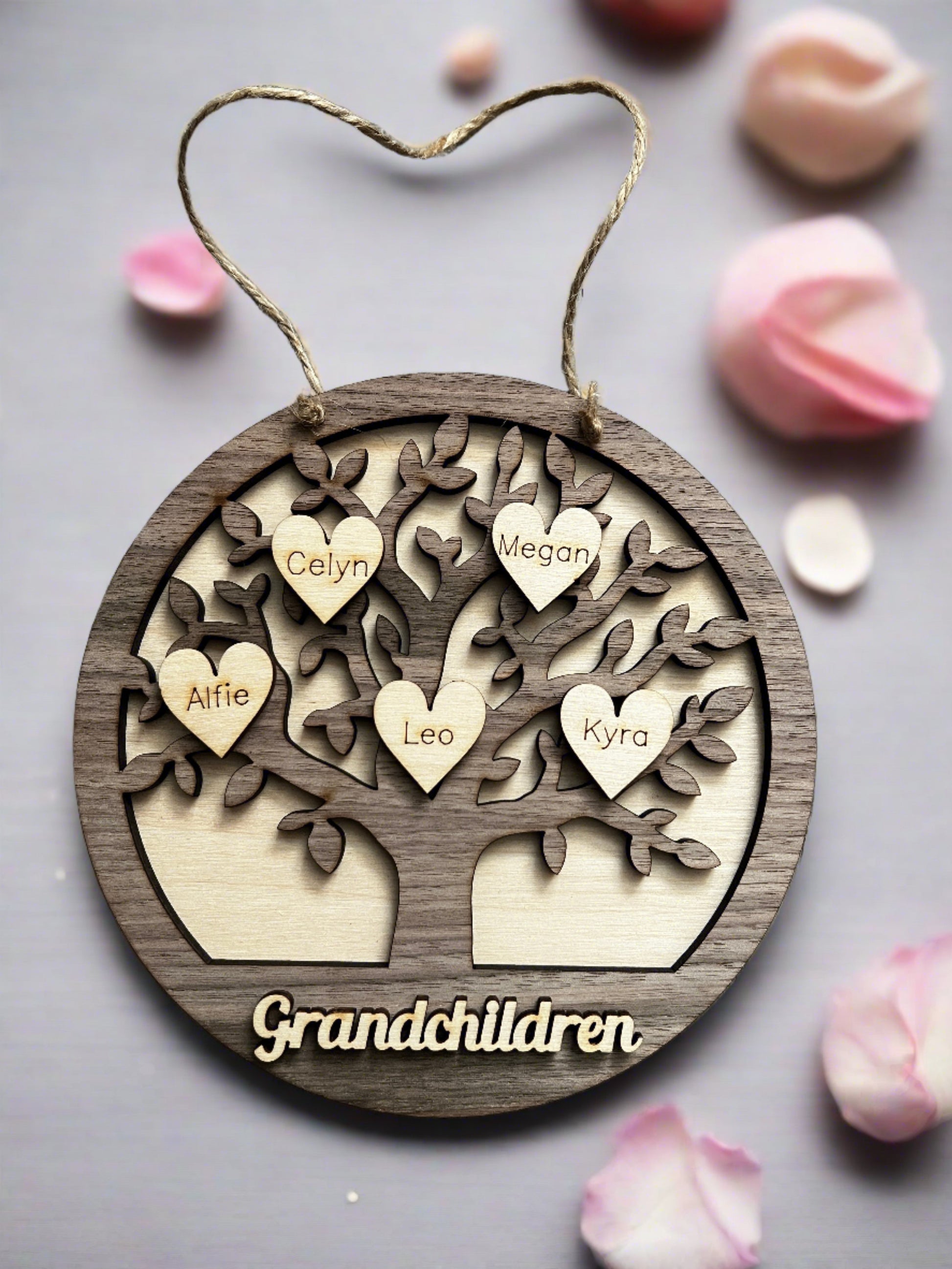 Walnut personalised circle family tree - Laser LLama Designs Ltd