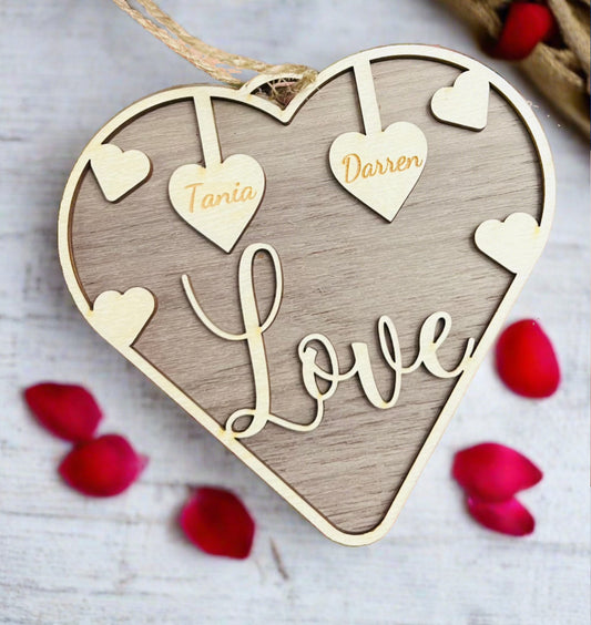 Wooden love hanging heart with 2 personalised names - Laser LLama Designs Ltd