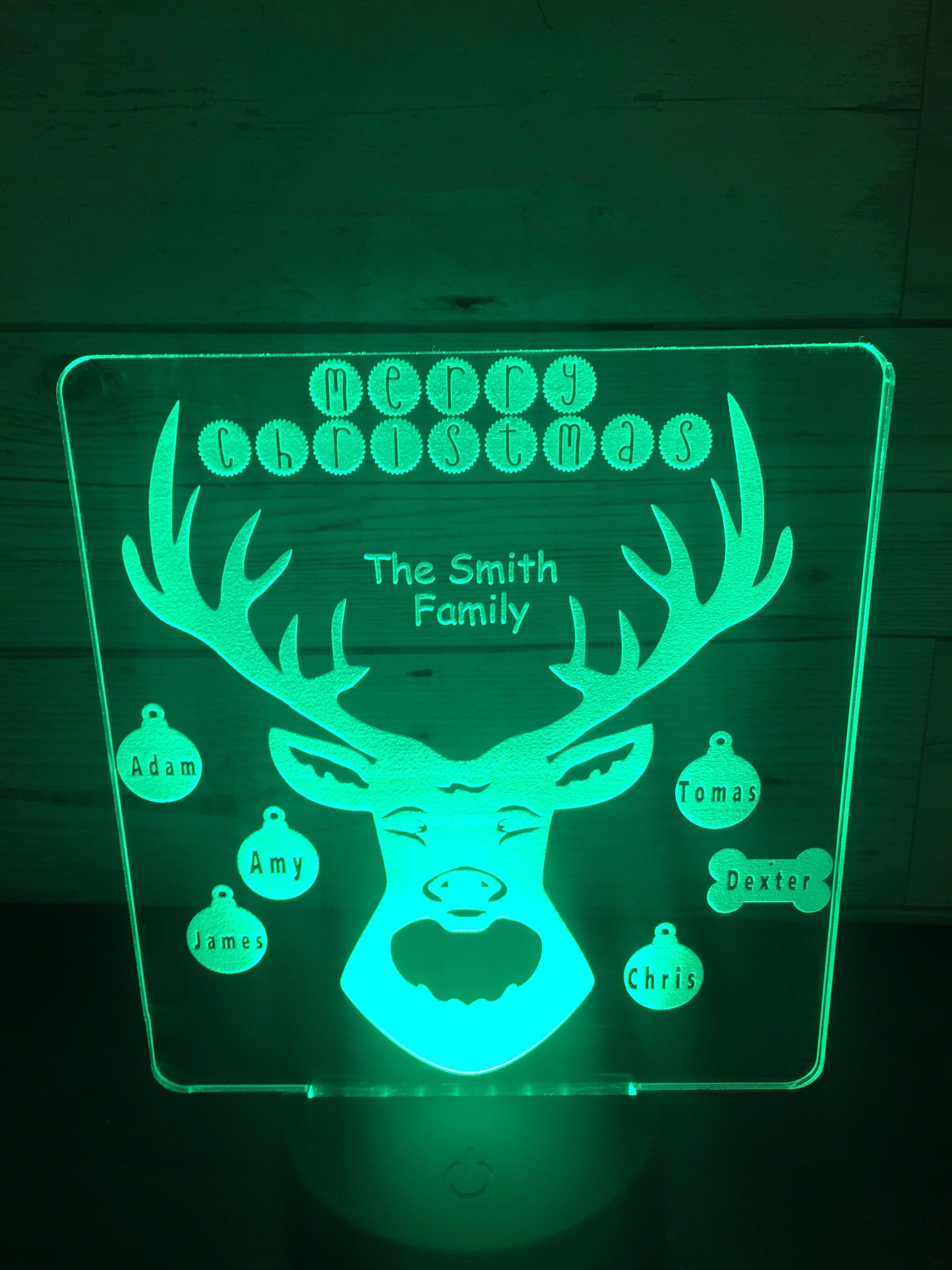 Reindeer personalised with up to 8 names LED light up display- 9 colour options with remote - Laser LLama Designs Ltd