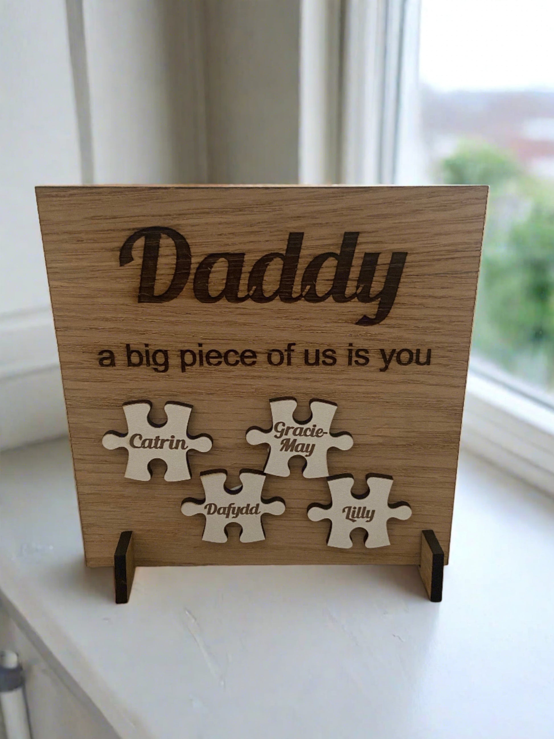 Oak veneer freestanding personalised puzzle plaque - Laser LLama Designs Ltd