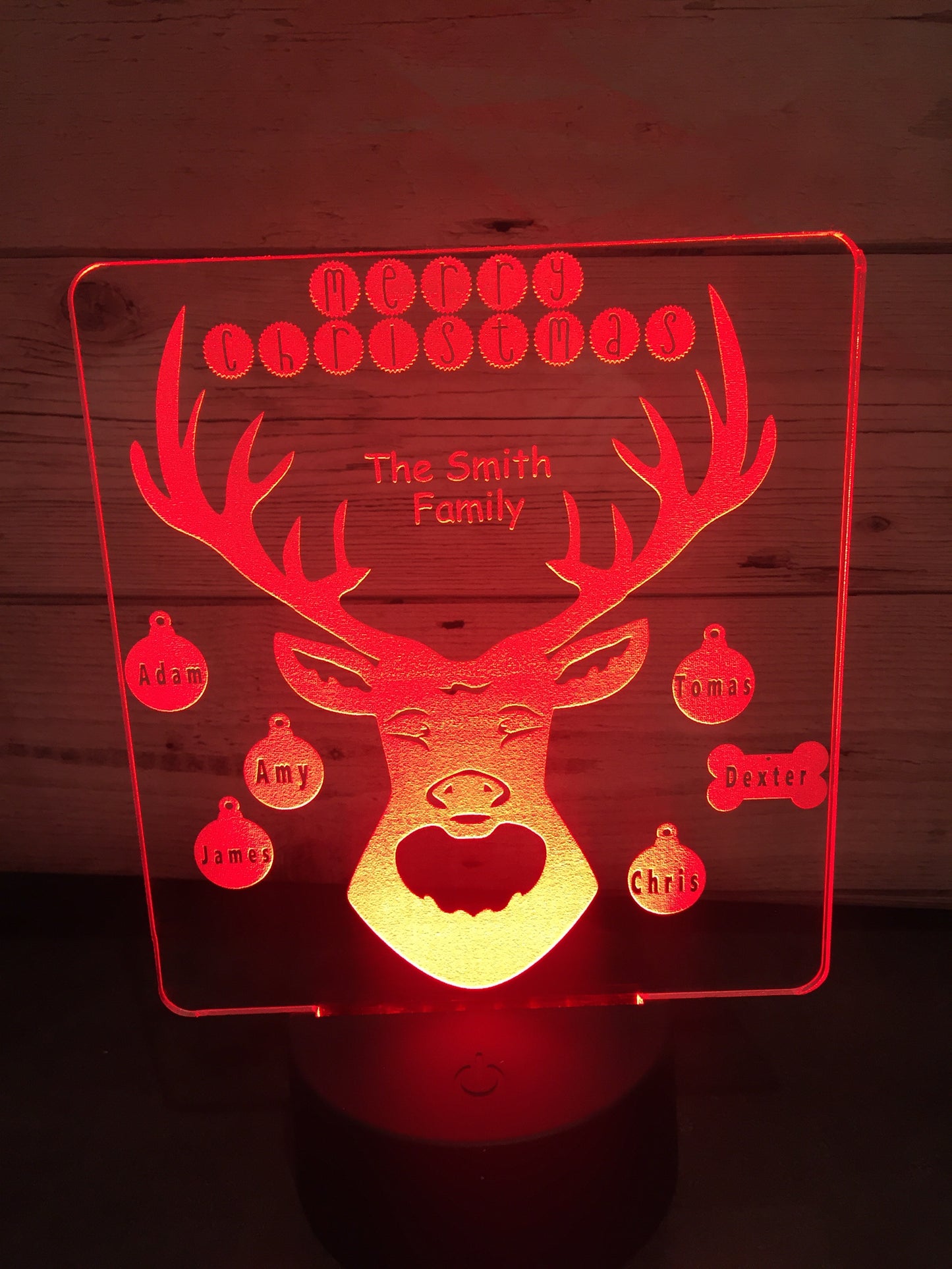 Reindeer personalised with up to 8 names LED light up display- 9 colour options with remote - Laser LLama Designs Ltd