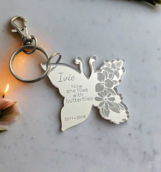 Mirrored acrylic personalised butterfly keyring - Laser LLama Designs Ltd