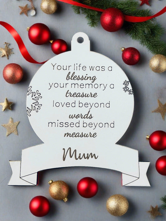 Wooden personalised memorial bauble with banner - Laser LLama Designs Ltd