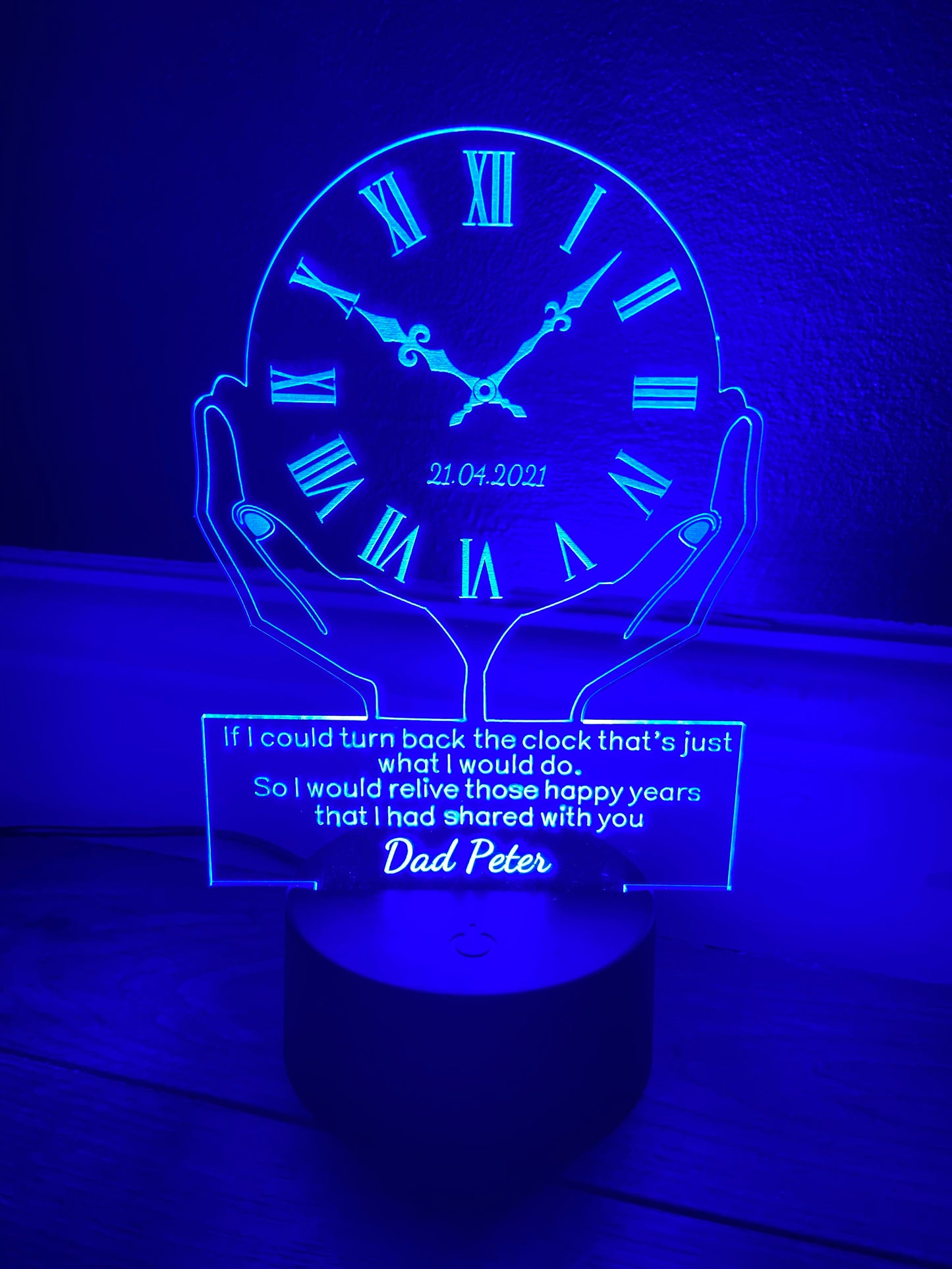 Led light memorial , clock display. 9 colours and remote control! - Laser LLama Designs Ltd