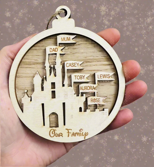 Wooden personalised castle bauble - Laser LLama Designs Ltd