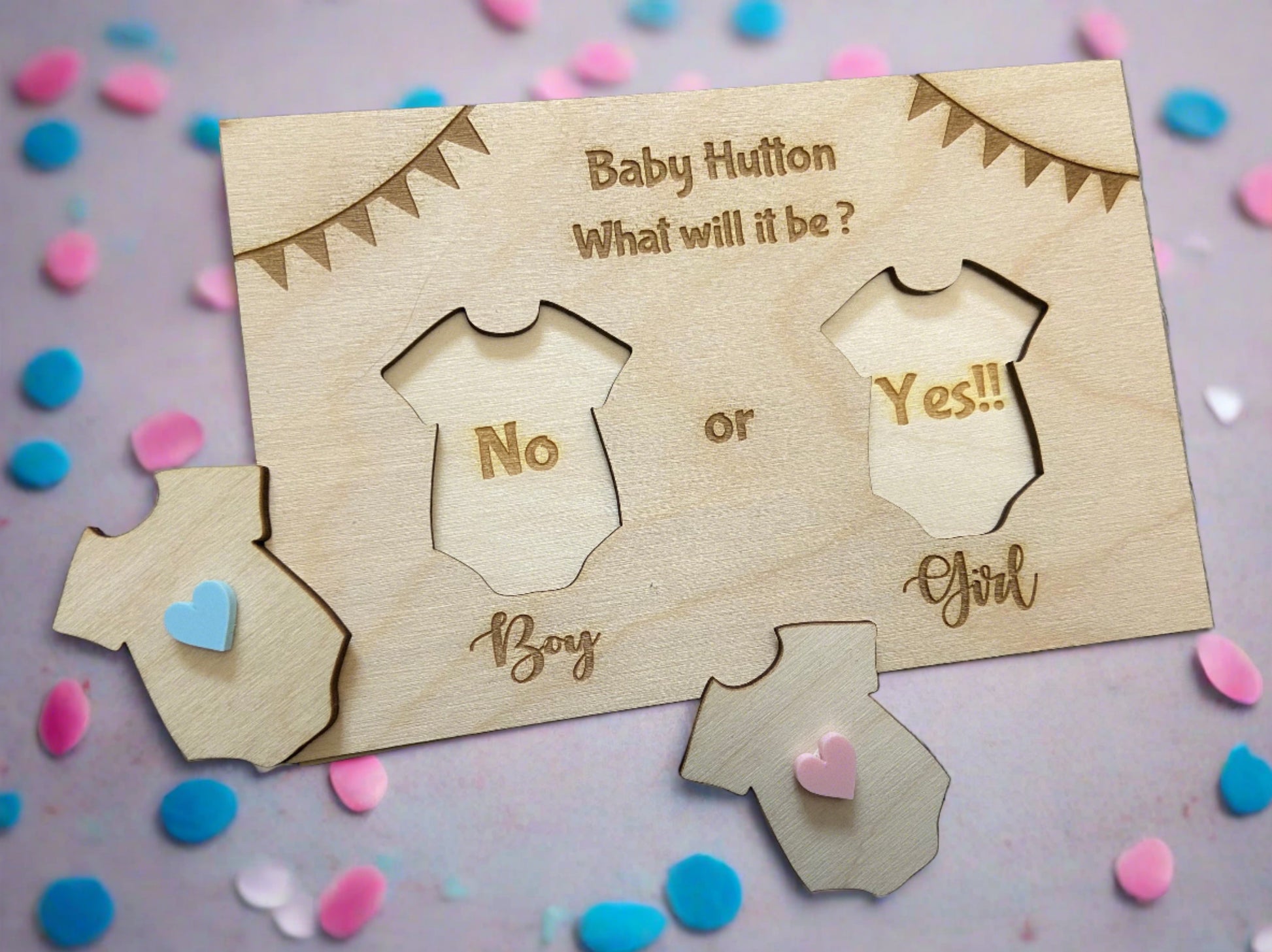 Wooden personalised  baby’s gender reveal wooden card - Laser LLama Designs Ltd