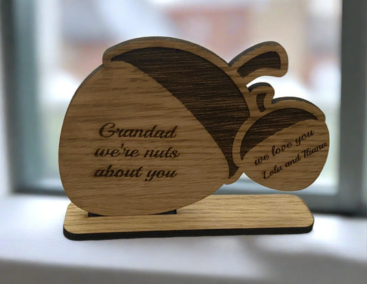 Oak veneer freestanding nuts plaque - Laser LLama Designs Ltd