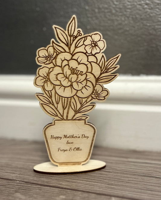 Wooden freestanding vase with flowers - Laser LLama Designs Ltd