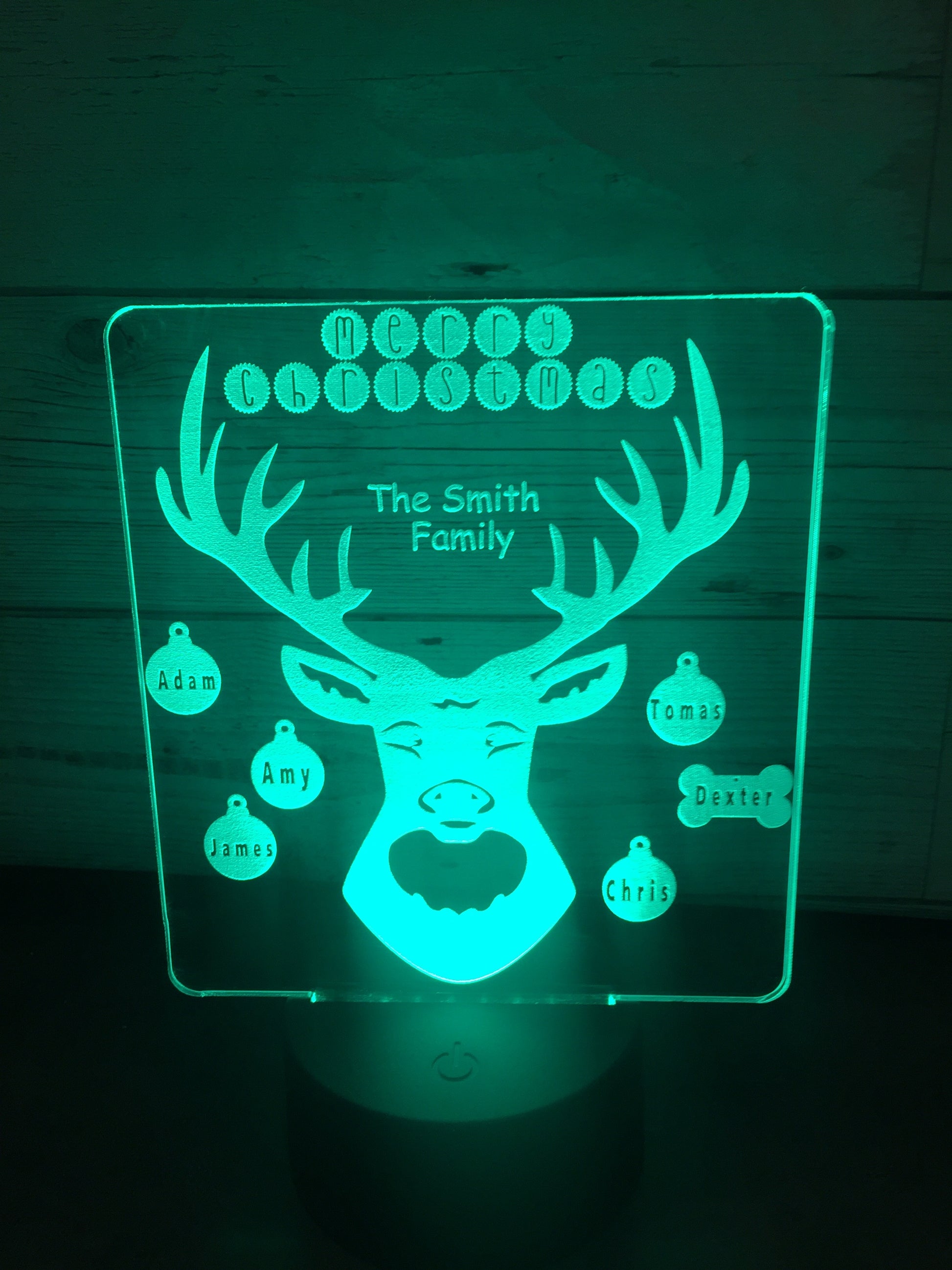 Reindeer personalised with up to 8 names LED light up display- 9 colour options with remote - Laser LLama Designs Ltd