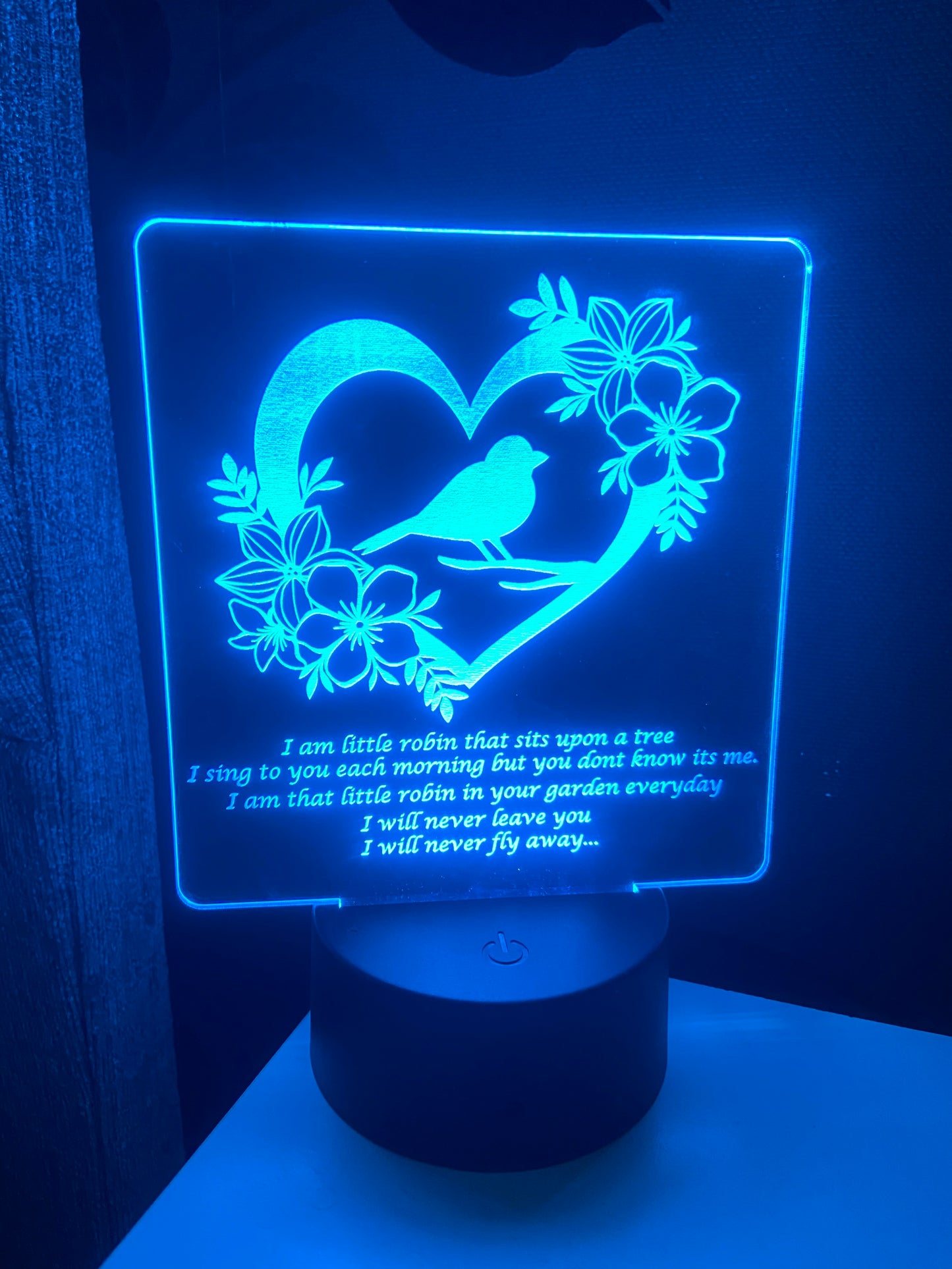 Robin LED light up display - 9 colours option with remote ! - Laser LLama Designs Ltd