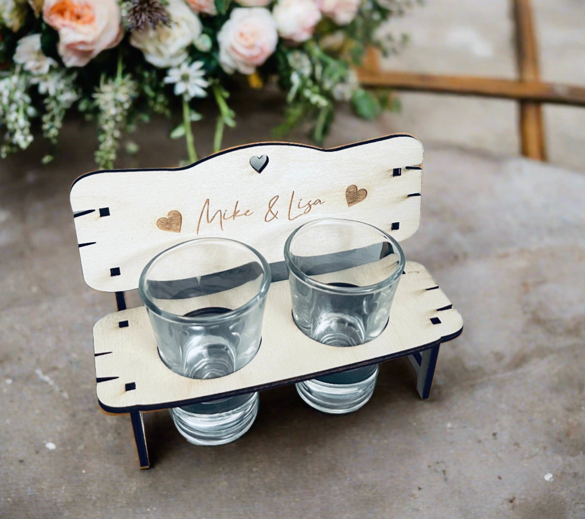 Wooden birch bench for shot glasses - Laser LLama Designs Ltd