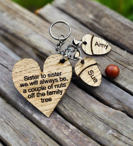 Oak veneer sister personalised keyring - Laser LLama Designs Ltd