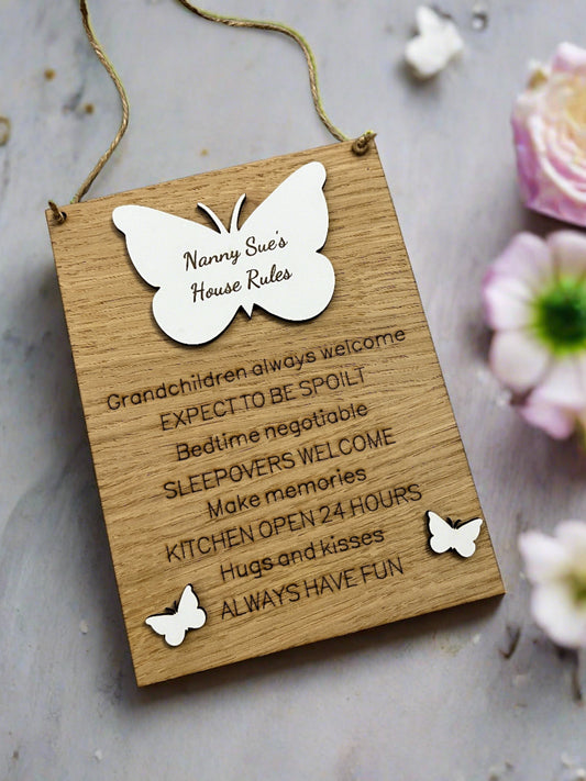 Oak veneer personalised kitchen rules plaque - Laser LLama Designs Ltd