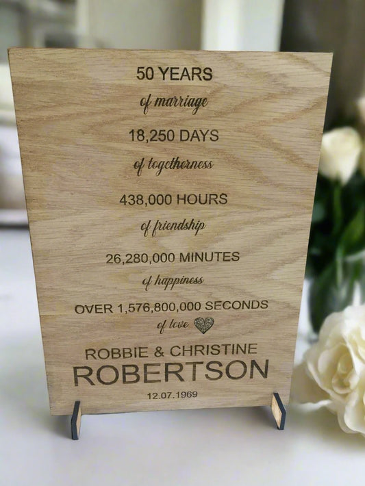 Oak veneer freestanding wedding anniversary plaque - Laser LLama Designs Ltd