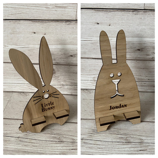 Oak Venner bunny phone holder - Laser LLama Designs Ltd