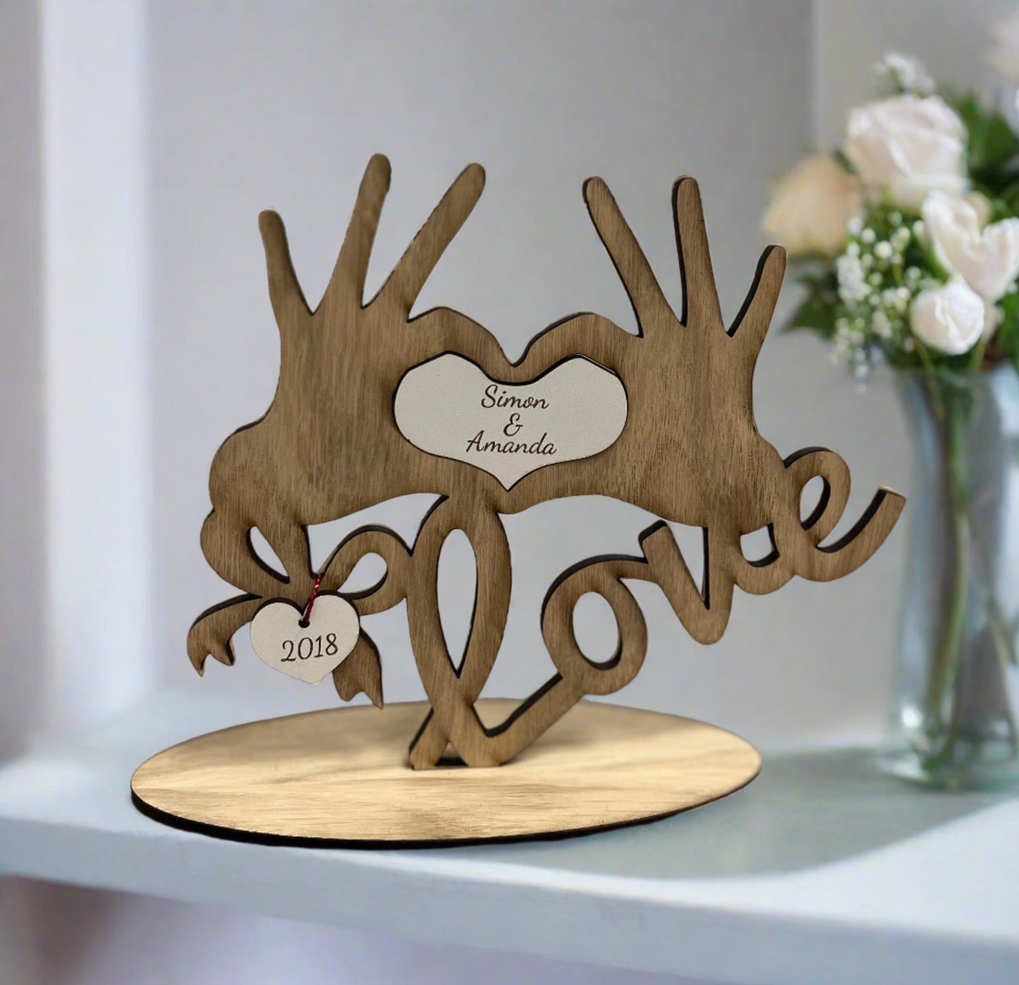 Oak veneer love hands with hanging heart - Laser LLama Designs Ltd