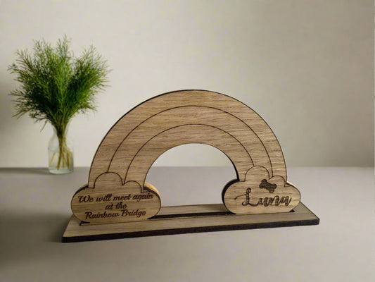 Oak veneer personalised pet rainbow bridge - Laser LLama Designs Ltd