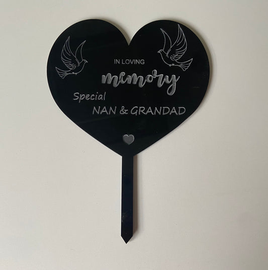 Memorial grave marker heart shape with doves - Laser LLama Designs Ltd