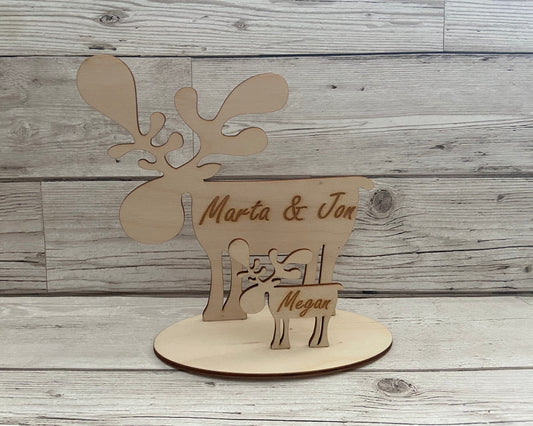 Wooden personalised big reindeer and little reindeers - Laser LLama Designs Ltd