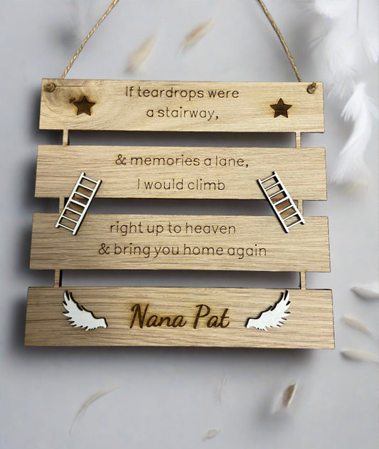 Oak veneer personalised stairway to heaven  plaque - Laser LLama Designs Ltd