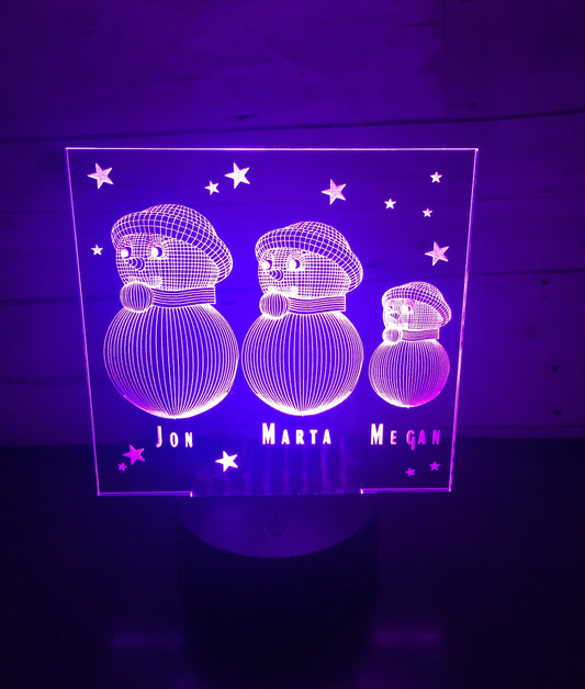 Snowman family LED light up display- 9 colour options with remote - Laser LLama Designs Ltd