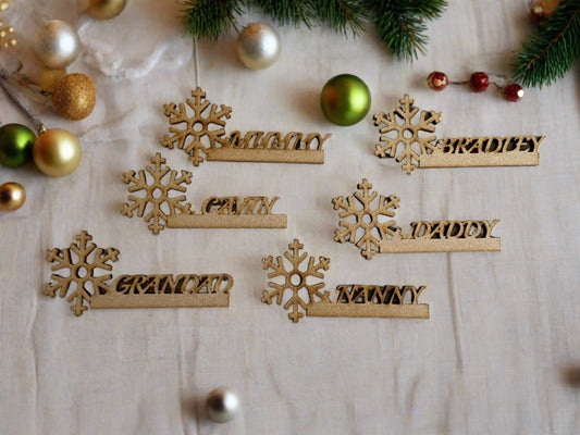 Christmas table settings mdf names snowflake - Laser LLama Designs Ltd