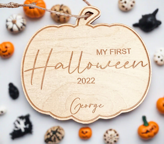 Wooden personalised my first Halloween pumpkin hanging plaque - Laser LLama Designs Ltd