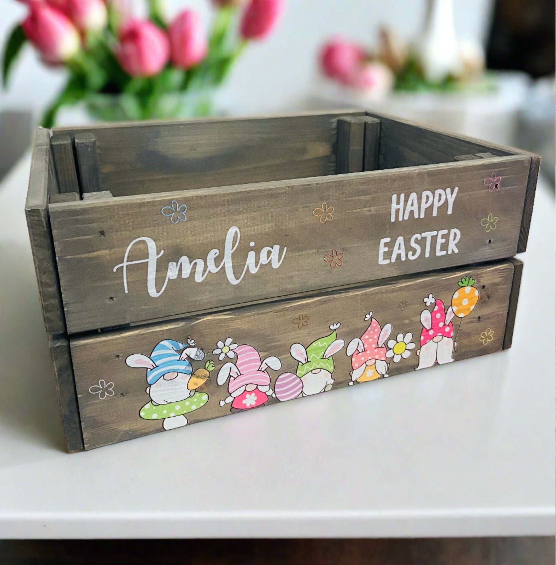 Wooden personalised grey Easter gnome crate - Laser LLama Designs Ltd