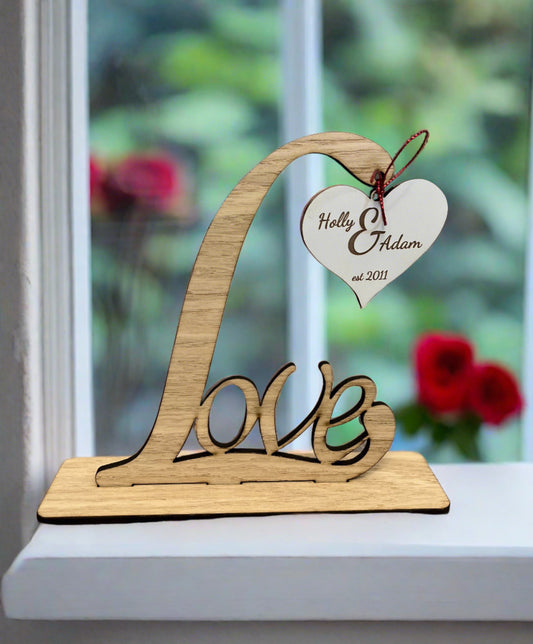 Freestanding wooden love sign with hanging heart - Laser LLama Designs Ltd